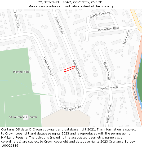 72, BERKSWELL ROAD, COVENTRY, CV6 7DL: Location map and indicative extent of plot