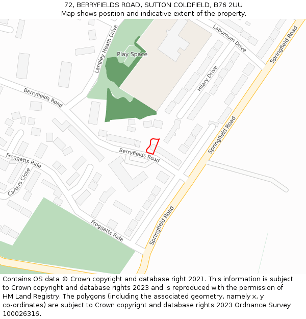72, BERRYFIELDS ROAD, SUTTON COLDFIELD, B76 2UU: Location map and indicative extent of plot
