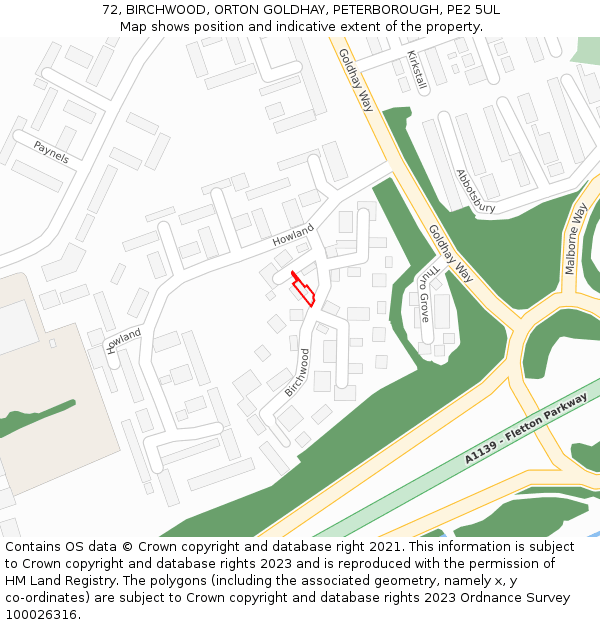 72, BIRCHWOOD, ORTON GOLDHAY, PETERBOROUGH, PE2 5UL: Location map and indicative extent of plot