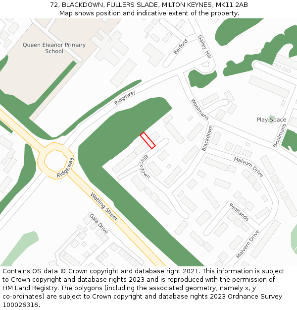 72, BLACKDOWN, FULLERS SLADE, MILTON KEYNES, MK11 2AB: Location map and indicative extent of plot
