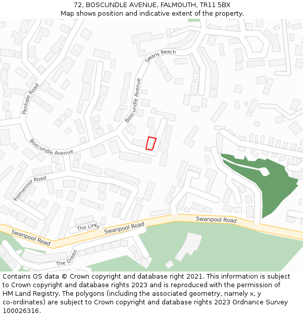 72, BOSCUNDLE AVENUE, FALMOUTH, TR11 5BX: Location map and indicative extent of plot