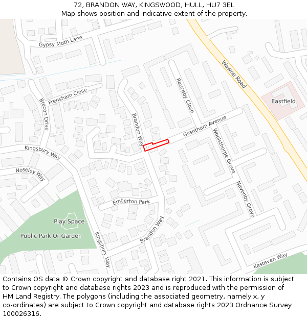 72, BRANDON WAY, KINGSWOOD, HULL, HU7 3EL: Location map and indicative extent of plot
