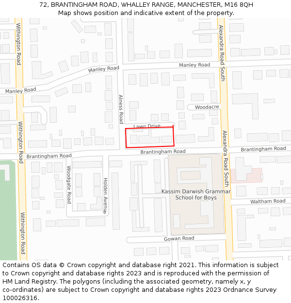 72, BRANTINGHAM ROAD, WHALLEY RANGE, MANCHESTER, M16 8QH: Location map and indicative extent of plot