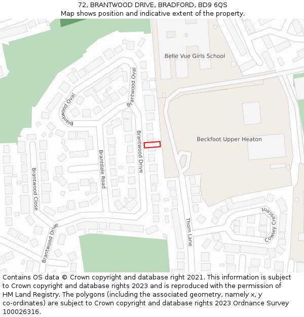 72, BRANTWOOD DRIVE, BRADFORD, BD9 6QS: Location map and indicative extent of plot