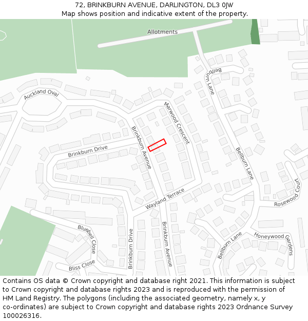 72, BRINKBURN AVENUE, DARLINGTON, DL3 0JW: Location map and indicative extent of plot
