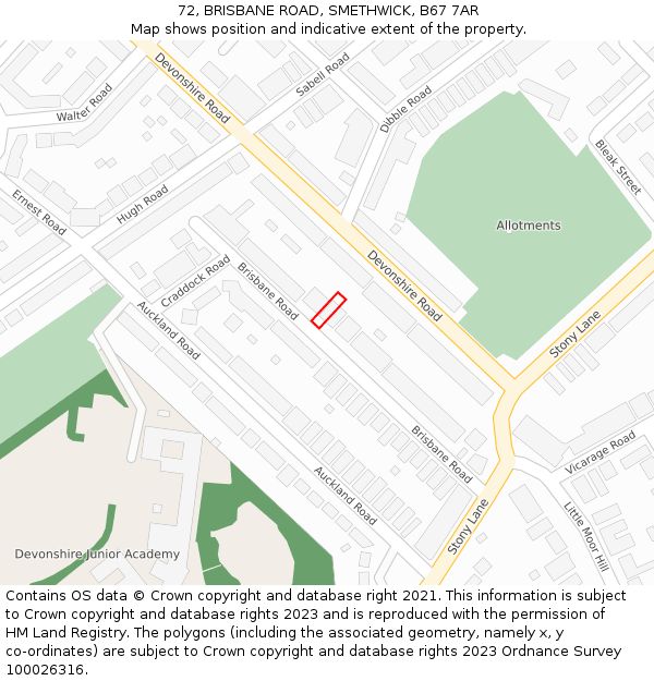 72, BRISBANE ROAD, SMETHWICK, B67 7AR: Location map and indicative extent of plot