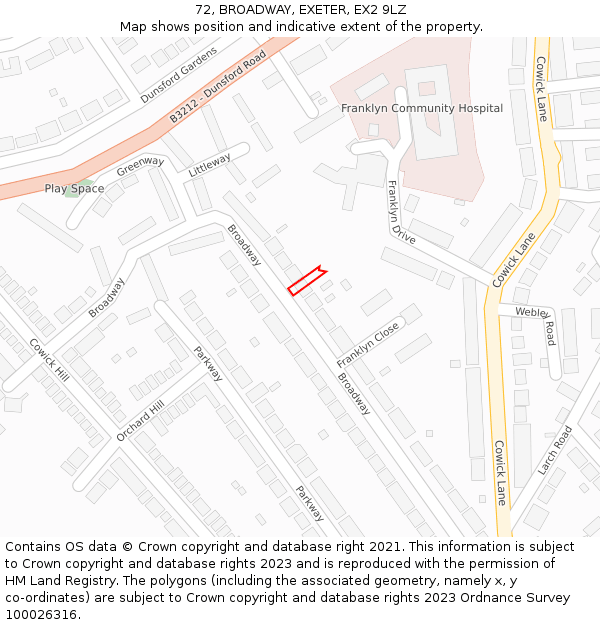 72, BROADWAY, EXETER, EX2 9LZ: Location map and indicative extent of plot
