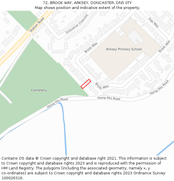 72, BROOK WAY, ARKSEY, DONCASTER, DN5 0TY: Location map and indicative extent of plot