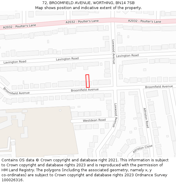 72, BROOMFIELD AVENUE, WORTHING, BN14 7SB: Location map and indicative extent of plot