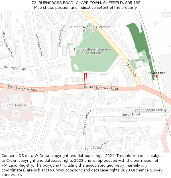 72, BURNCROSS ROAD, CHAPELTOWN, SHEFFIELD, S35 1SF: Location map and indicative extent of plot
