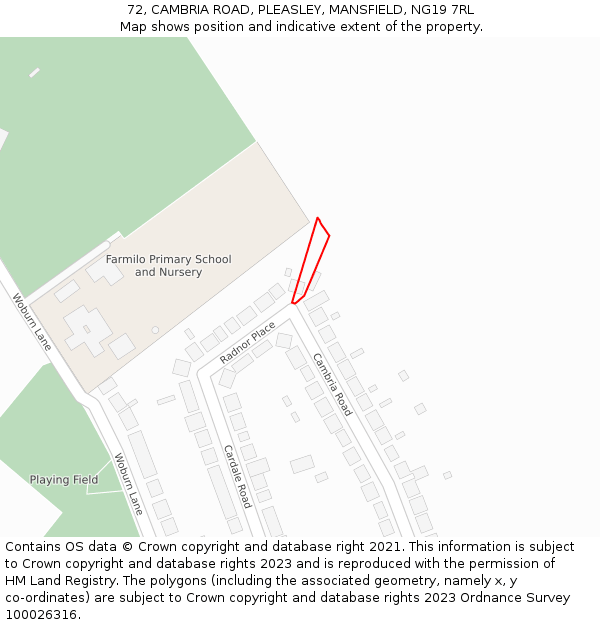 72, CAMBRIA ROAD, PLEASLEY, MANSFIELD, NG19 7RL: Location map and indicative extent of plot