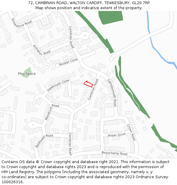 72, CAMBRIAN ROAD, WALTON CARDIFF, TEWKESBURY, GL20 7RP: Location map and indicative extent of plot