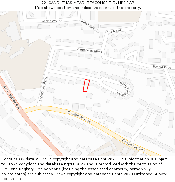 72, CANDLEMAS MEAD, BEACONSFIELD, HP9 1AR: Location map and indicative extent of plot