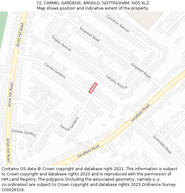 72, CARMEL GARDENS, ARNOLD, NOTTINGHAM, NG5 6LZ: Location map and indicative extent of plot