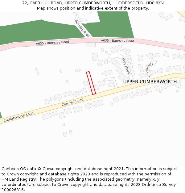 72, CARR HILL ROAD, UPPER CUMBERWORTH, HUDDERSFIELD, HD8 8XN: Location map and indicative extent of plot