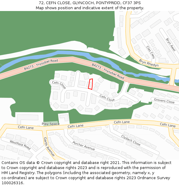 72, CEFN CLOSE, GLYNCOCH, PONTYPRIDD, CF37 3PS: Location map and indicative extent of plot