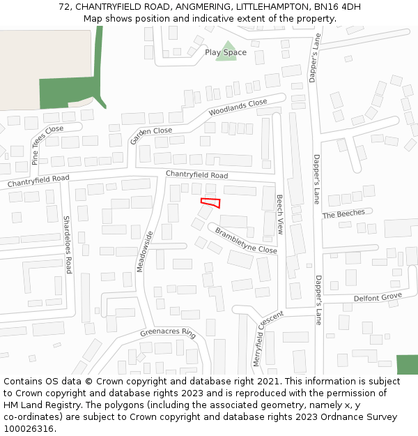 72, CHANTRYFIELD ROAD, ANGMERING, LITTLEHAMPTON, BN16 4DH: Location map and indicative extent of plot