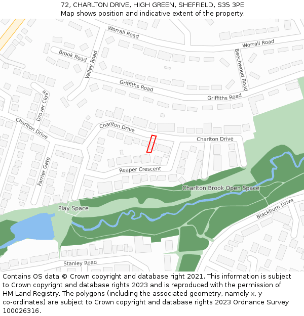 72, CHARLTON DRIVE, HIGH GREEN, SHEFFIELD, S35 3PE: Location map and indicative extent of plot