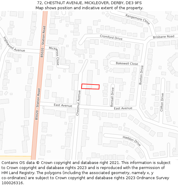 72, CHESTNUT AVENUE, MICKLEOVER, DERBY, DE3 9FS: Location map and indicative extent of plot
