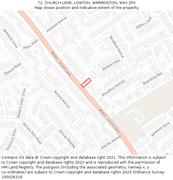 72, CHURCH LANE, LOWTON, WARRINGTON, WA3 2PX: Location map and indicative extent of plot