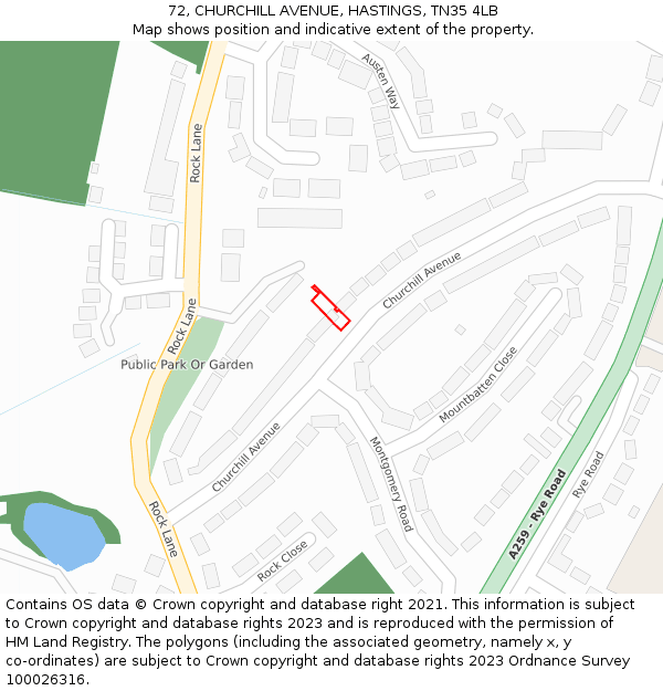 72, CHURCHILL AVENUE, HASTINGS, TN35 4LB: Location map and indicative extent of plot