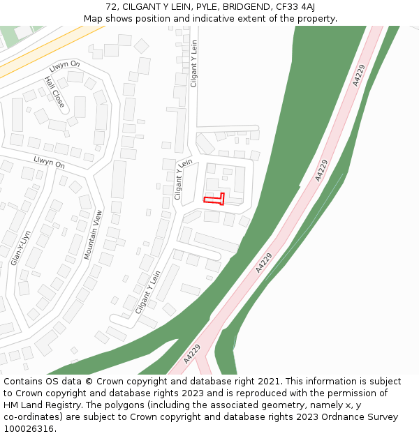72, CILGANT Y LEIN, PYLE, BRIDGEND, CF33 4AJ: Location map and indicative extent of plot