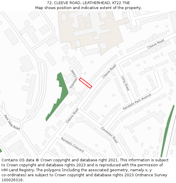72, CLEEVE ROAD, LEATHERHEAD, KT22 7NE: Location map and indicative extent of plot