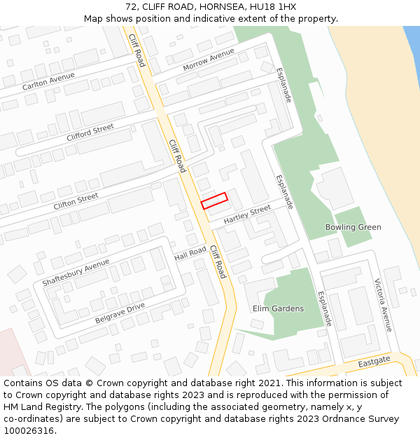 72, CLIFF ROAD, HORNSEA, HU18 1HX: Location map and indicative extent of plot