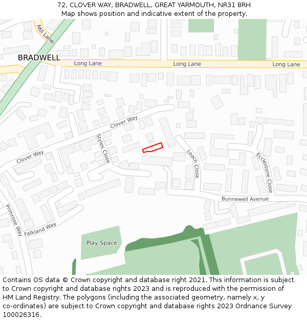 72, CLOVER WAY, BRADWELL, GREAT YARMOUTH, NR31 8RH: Location map and indicative extent of plot