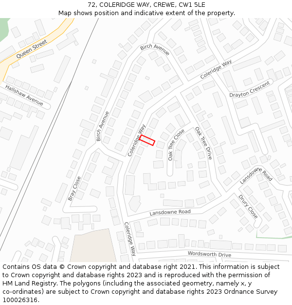 72, COLERIDGE WAY, CREWE, CW1 5LE: Location map and indicative extent of plot