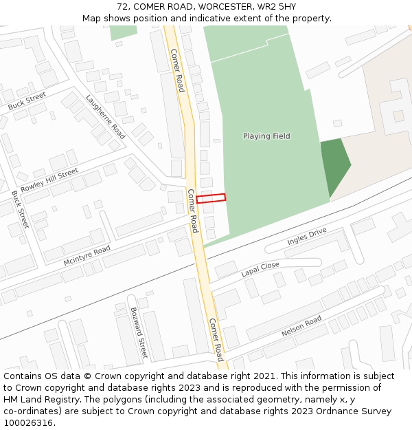 72, COMER ROAD, WORCESTER, WR2 5HY: Location map and indicative extent of plot
