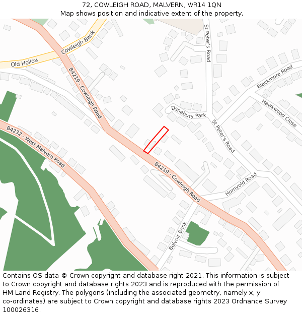 72, COWLEIGH ROAD, MALVERN, WR14 1QN: Location map and indicative extent of plot