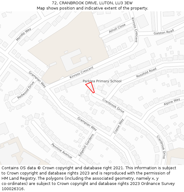 72, CRANBROOK DRIVE, LUTON, LU3 3EW: Location map and indicative extent of plot