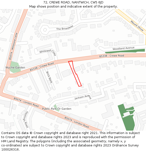 72, CREWE ROAD, NANTWICH, CW5 6JD: Location map and indicative extent of plot