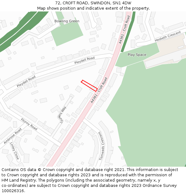 72, CROFT ROAD, SWINDON, SN1 4DW: Location map and indicative extent of plot