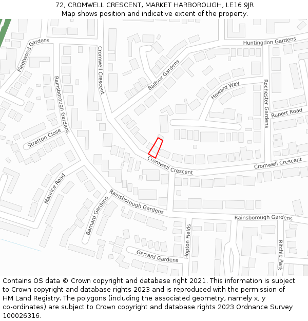 72, CROMWELL CRESCENT, MARKET HARBOROUGH, LE16 9JR: Location map and indicative extent of plot