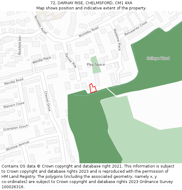 72, DARNAY RISE, CHELMSFORD, CM1 4XA: Location map and indicative extent of plot