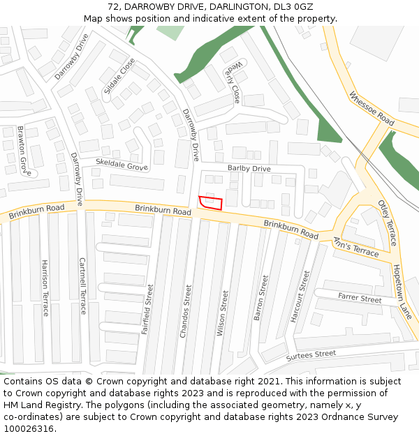 72, DARROWBY DRIVE, DARLINGTON, DL3 0GZ: Location map and indicative extent of plot