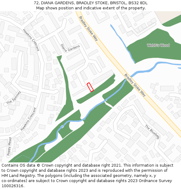 72, DIANA GARDENS, BRADLEY STOKE, BRISTOL, BS32 8DL: Location map and indicative extent of plot