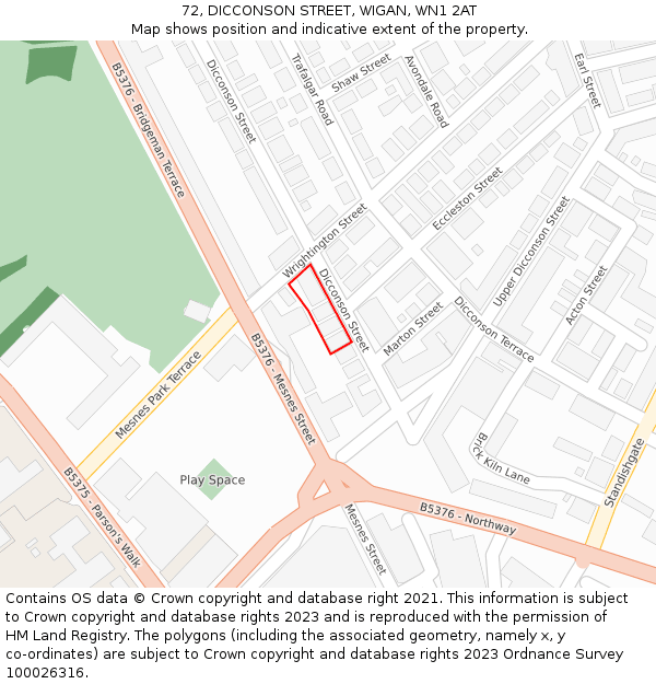 72, DICCONSON STREET, WIGAN, WN1 2AT: Location map and indicative extent of plot