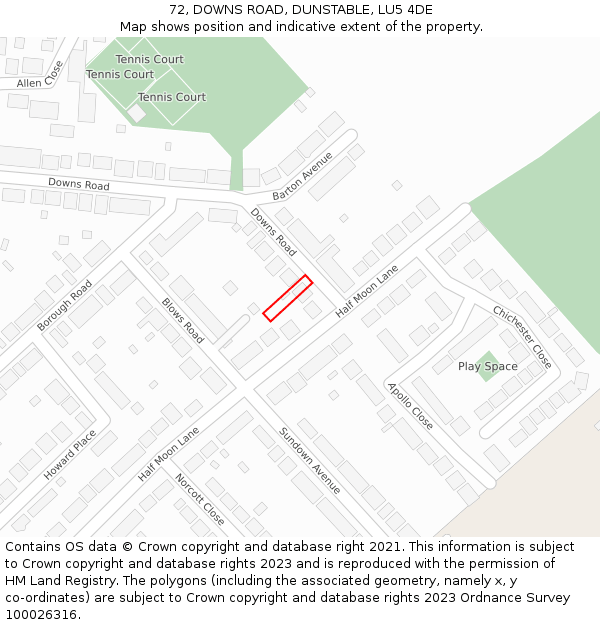 72, DOWNS ROAD, DUNSTABLE, LU5 4DE: Location map and indicative extent of plot