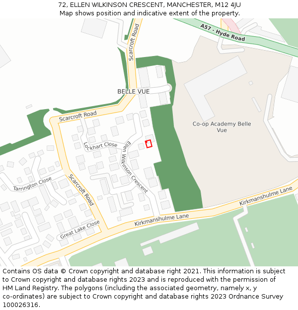 72, ELLEN WILKINSON CRESCENT, MANCHESTER, M12 4JU: Location map and indicative extent of plot
