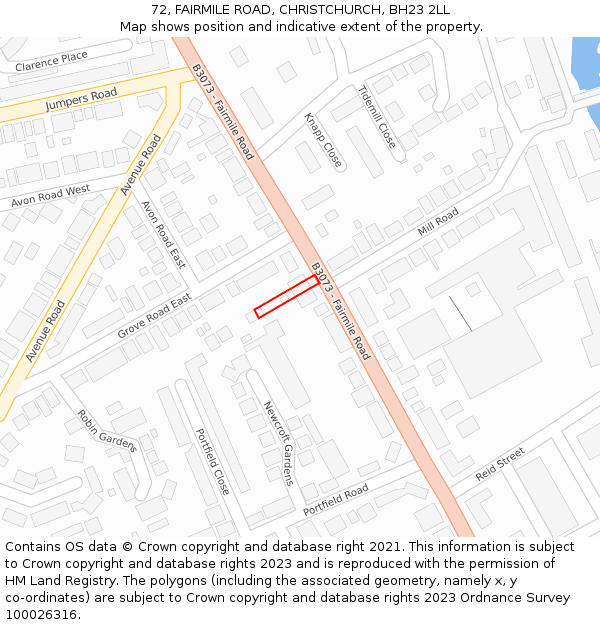 72, FAIRMILE ROAD, CHRISTCHURCH, BH23 2LL: Location map and indicative extent of plot
