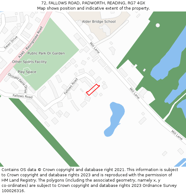 72, FALLOWS ROAD, PADWORTH, READING, RG7 4GX: Location map and indicative extent of plot