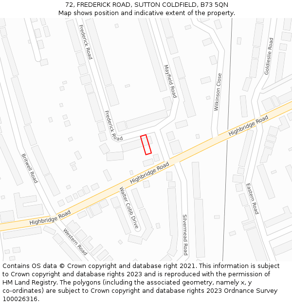 72, FREDERICK ROAD, SUTTON COLDFIELD, B73 5QN: Location map and indicative extent of plot