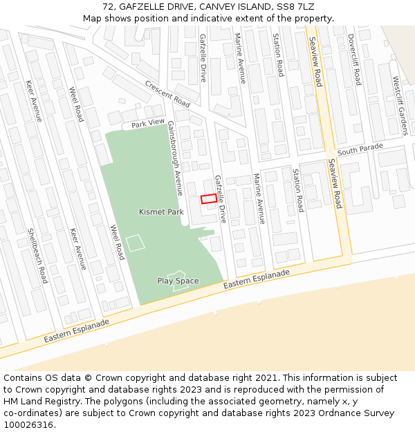 72, GAFZELLE DRIVE, CANVEY ISLAND, SS8 7LZ: Location map and indicative extent of plot