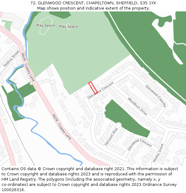 72, GLENWOOD CRESCENT, CHAPELTOWN, SHEFFIELD, S35 1YX: Location map and indicative extent of plot