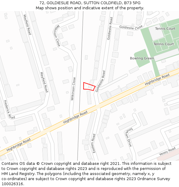 72, GOLDIESLIE ROAD, SUTTON COLDFIELD, B73 5PG: Location map and indicative extent of plot