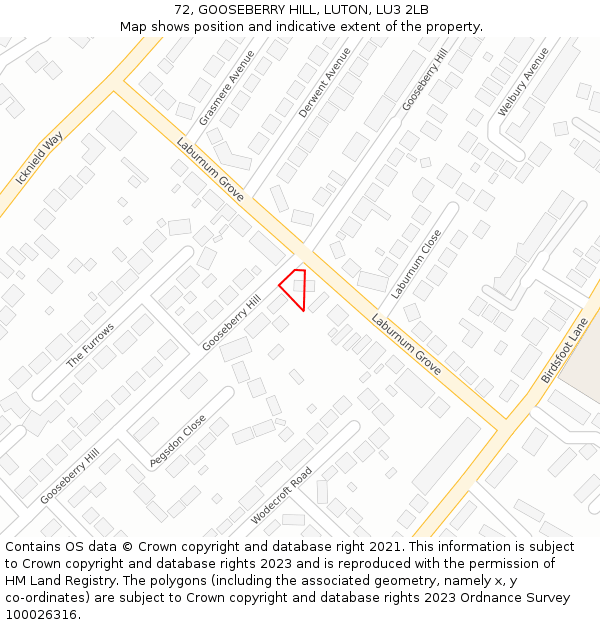 72, GOOSEBERRY HILL, LUTON, LU3 2LB: Location map and indicative extent of plot