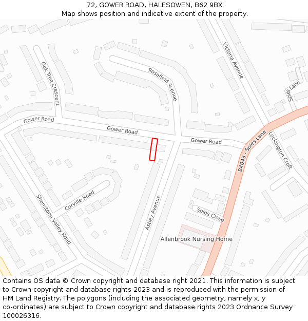 72, GOWER ROAD, HALESOWEN, B62 9BX: Location map and indicative extent of plot